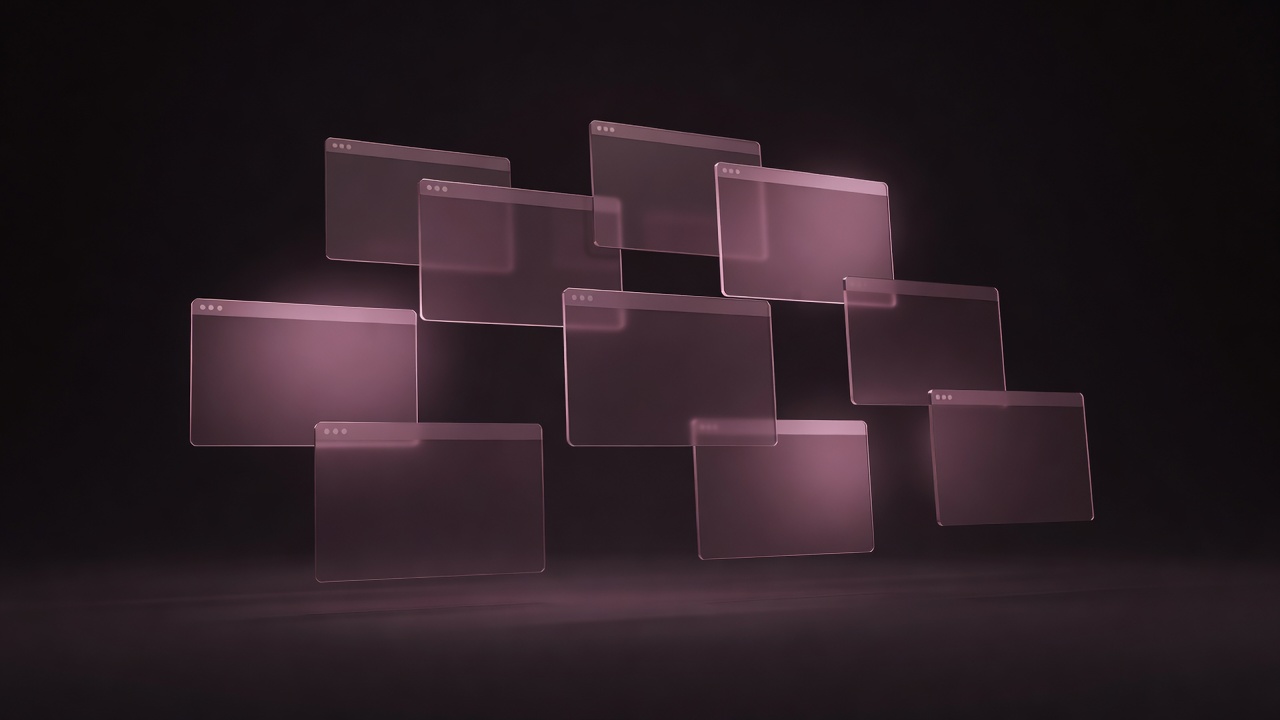 3D rendering of floating browser viewport cards in soft magenta and plum illumination