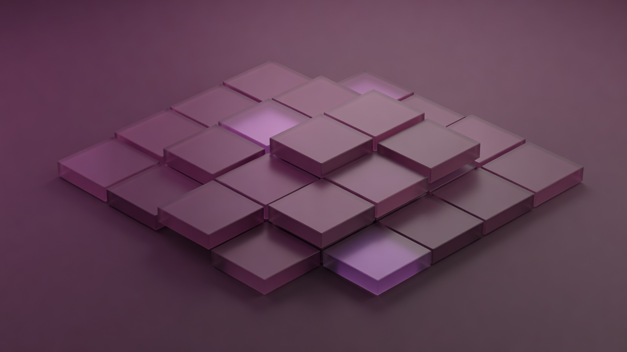 3D composition of interlocking software application slabs bathed in muted violet and magenta ambient reflections